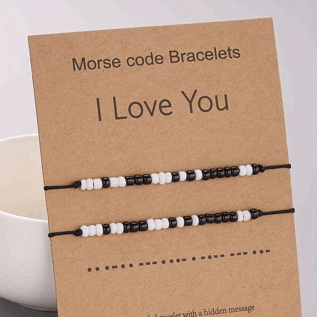 I Love You 2pcs/set Morse Code Black And White Rice Beads Woven Adjustable Couple Bracelets