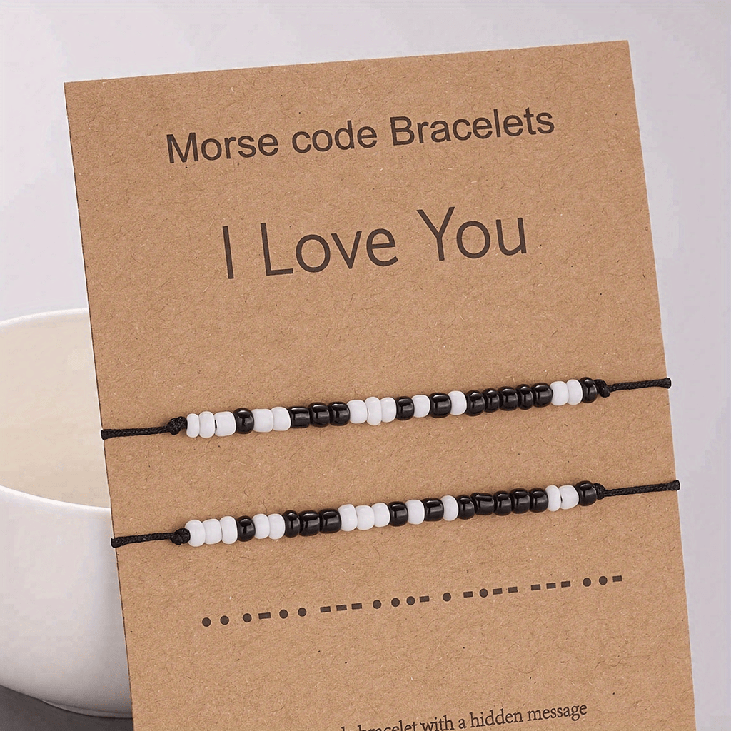 I Love You 2pcs/set Morse Code Black And White Rice Beads Woven Adjustable Couple Bracelets