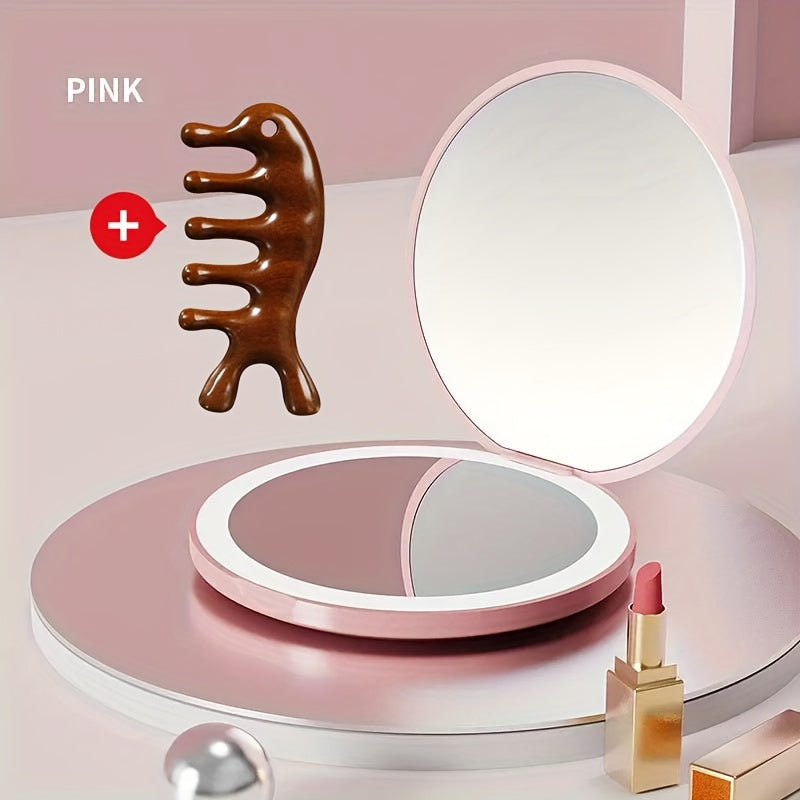 1pc Compact Round Foldable LED Vanity Mirror - Travel Portable Lighted Makeup Mirror for Purse Handbag - 2x Magnification, Double-sided, Handheld, Mini Touch-up Mirror with Light for Travel Essentials