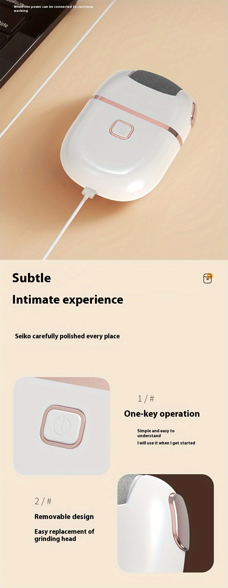 Rechargeable Electric Foot Grinder, Portable and Easy to Use, for Cracked Heels & Callus Removal - Thick Leather Polishing, 2-Speed Settings, Hard Care for Feet & Hands, 3 Replacement Grinding Heads, 1pc, with USB Charging