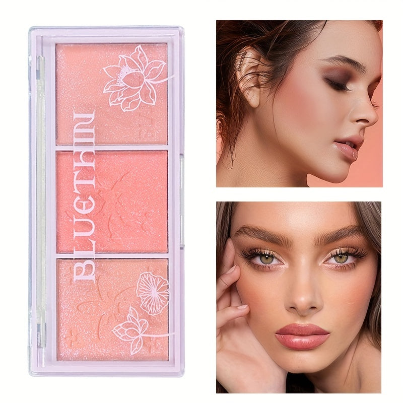 3-in-1 Triple Color Blush Palette - Natural Nude Makeup for Daily Use - Lightweight, Pearlescent, Rouge Contour, Multi-Tonal, Long-Lasting, Easy to Apply Blush for Women