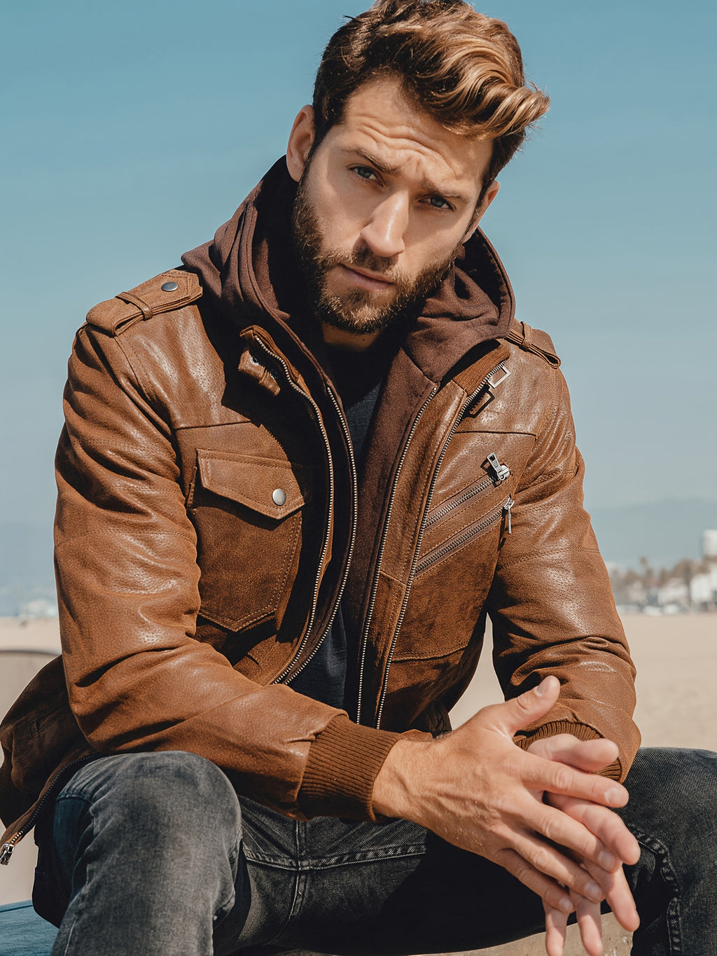 Men's Brown Leather Motorcycle Jacket with Removable Hood - FLAVOR