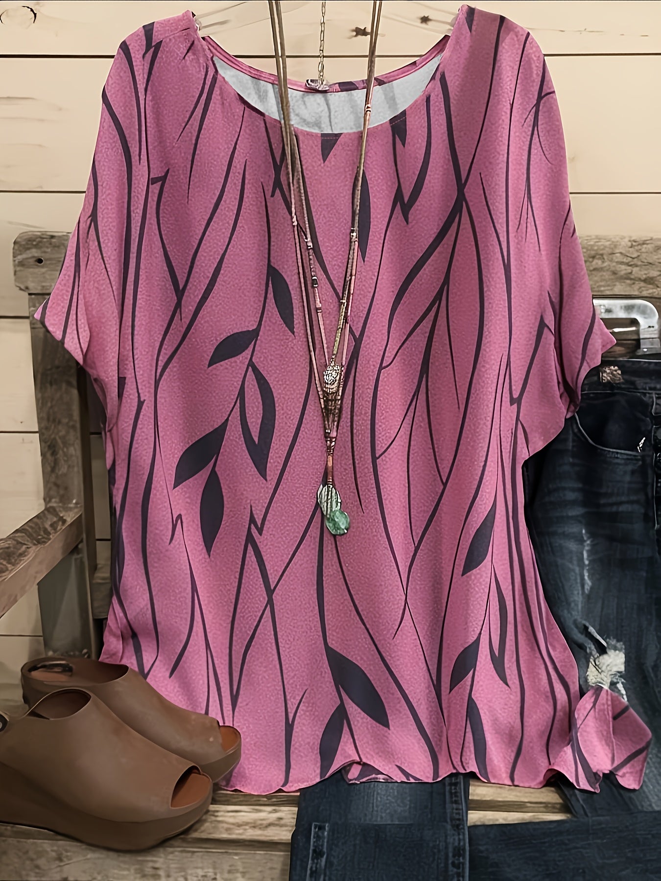 [Plus Size Elegant Floral Tee] Plus Size Elegant T-shirt, Women's Plus Casual Floral Print Round Neck Half Sleeve Tee