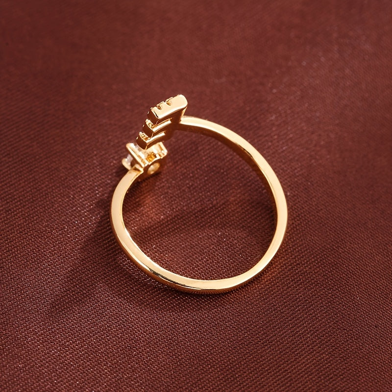 Adjustable Copper Ring With Four-claw Round Zirconia, Featuring The 26 English Letters Of Fashion Trend.