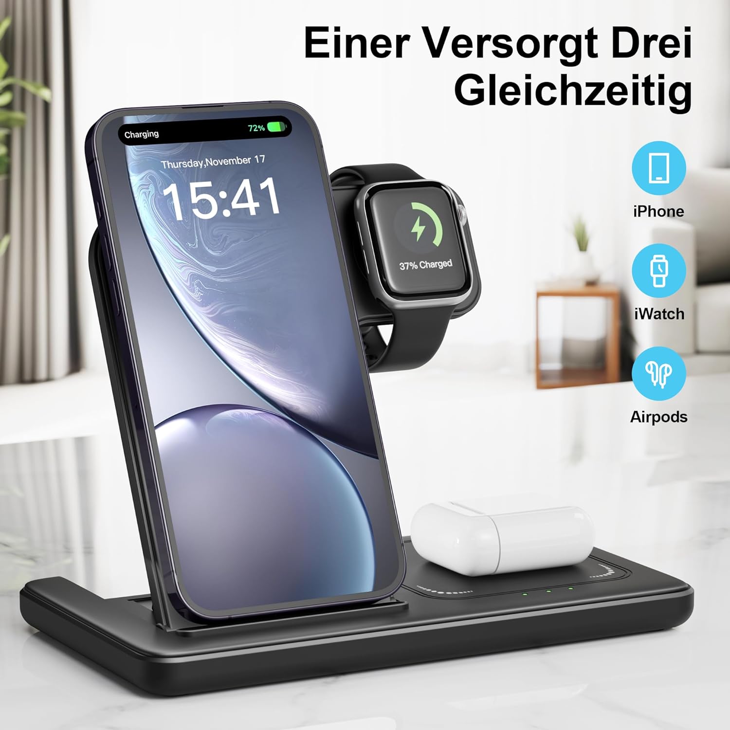 Wireless Charger, 3 in 1 Charging Station, With Adapter，15W Qi Fast Foldable Magnetic Stand Dock Replacement for iPhone 16 15 14 13 12 11 Pro Max XS XR X, iWatch 10 9 8 7 6 5 4 3 SE, AirPods 4 3 Pro (With Adapter)