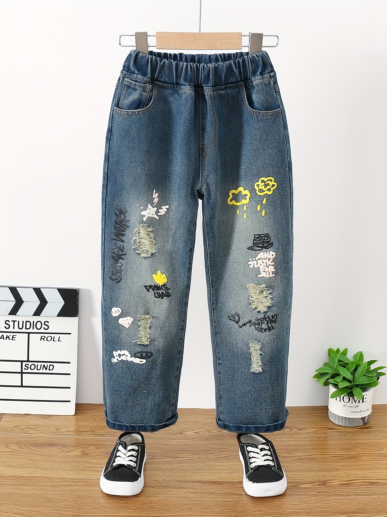 Girls Ripped Tapered Jeans, Cartoon Pattern Elastic Waistband Denim Jeans Kids Clothes