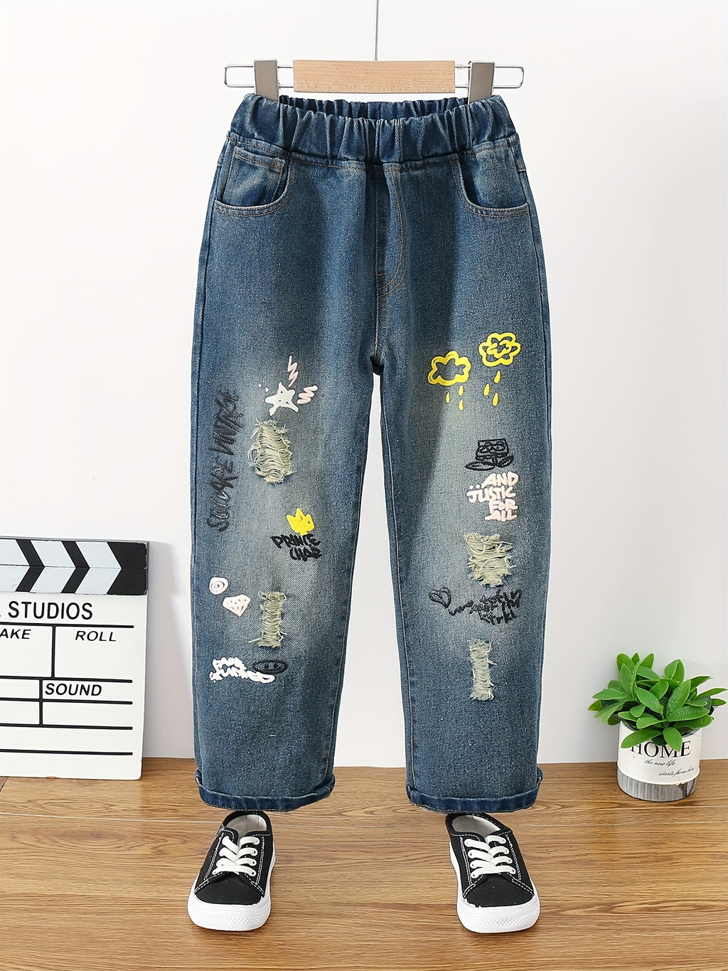 Girls Ripped Tapered Jeans, Cartoon Pattern Elastic Waistband Denim Jeans Kids Clothes