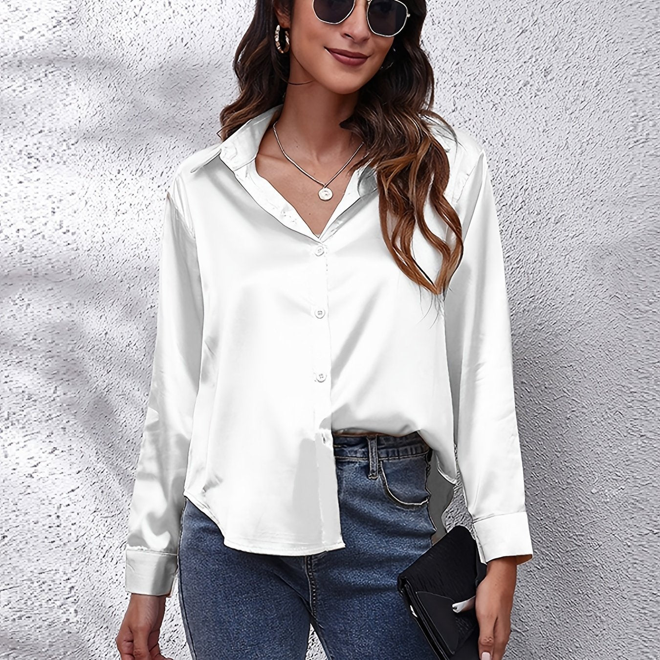 Solid Color Long Sleeve Button Down Tops, Business Casual Blouses For All Seasons, Women's Clothing