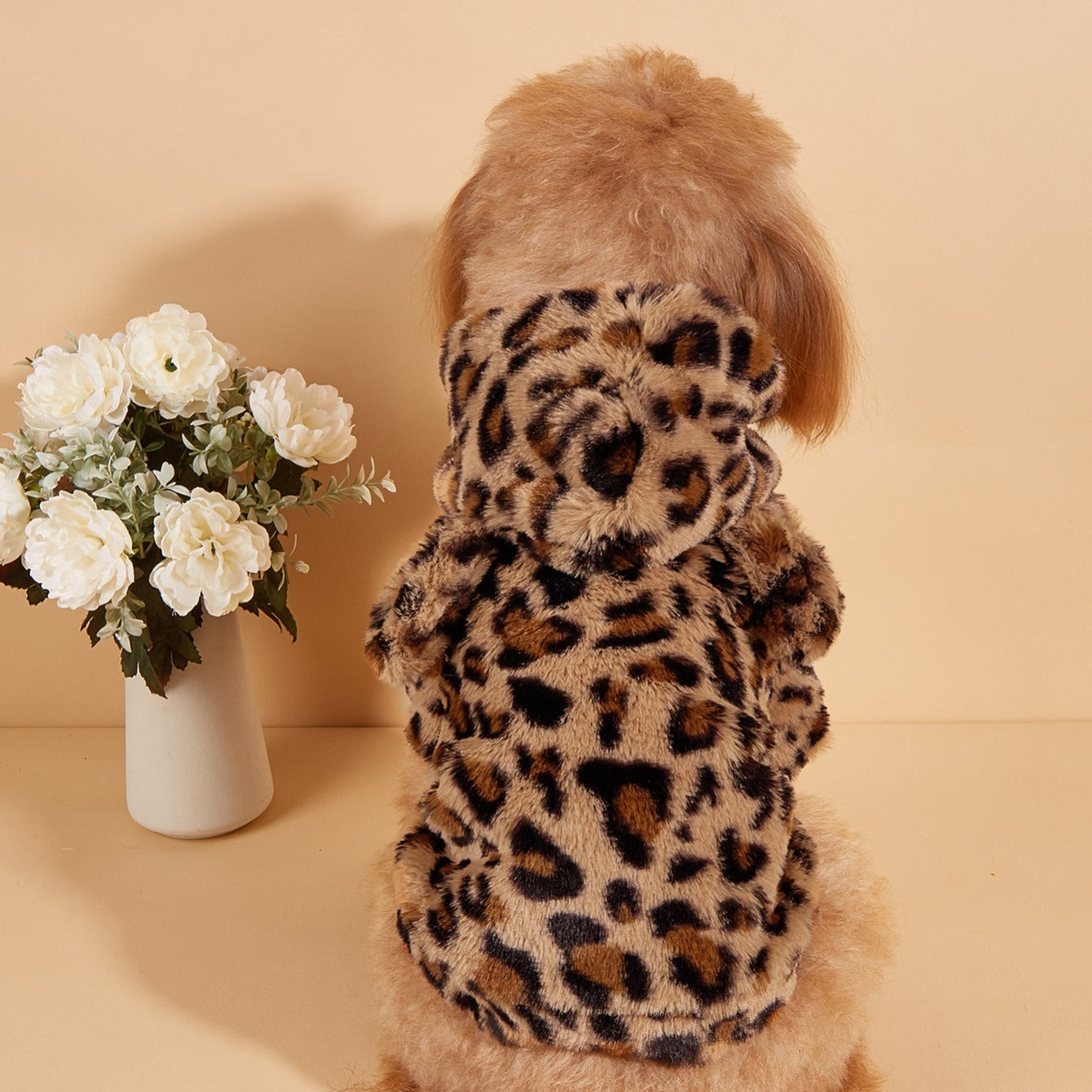 Cozy Winter Plush Leopard Print Pet Sweater for Small/Medium Dogs & Cats - 100% Polyester Knit Pullover with Hood, Warm Soft Dog Cat Coat for Cold Weather