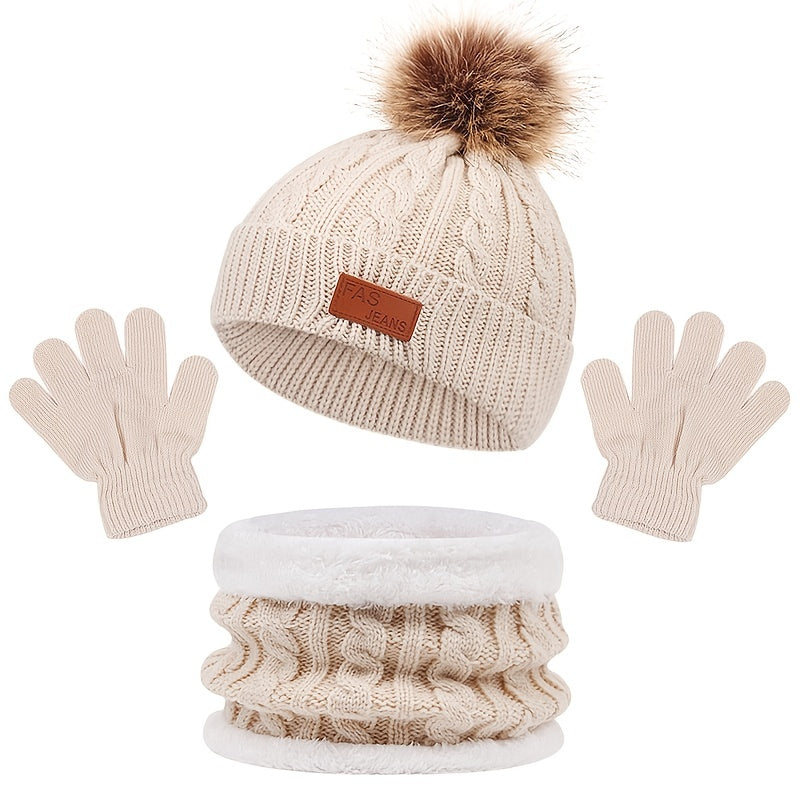 3pcs Youngsters Knitted Thermal Beanie Hat & Gloves & Scarf Set for Winter Warm Accessories