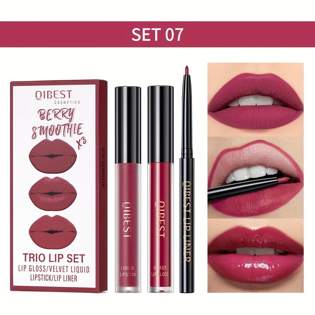 Lip Liner, Lipstick And Lip Gloss Trio Set, Matte Liquid Lipstick + Matching Lip Liner + Lip Gloss Nude Velvety Lipstick Makeup Kit Gift Set, Waterproof Long Lasting, Contains Plant Squalane Formula