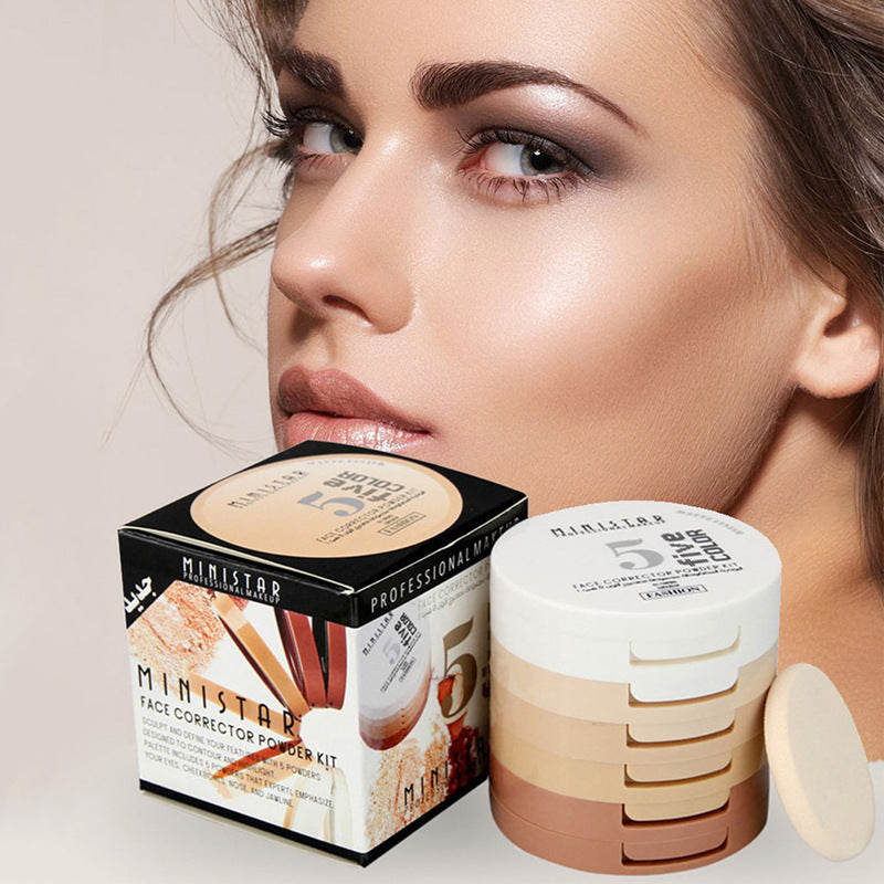 Concealer And Contour Powder with Five Colors in Five Layers, Brightens Skin Tone, Controls Oil, And Sets Makeup.