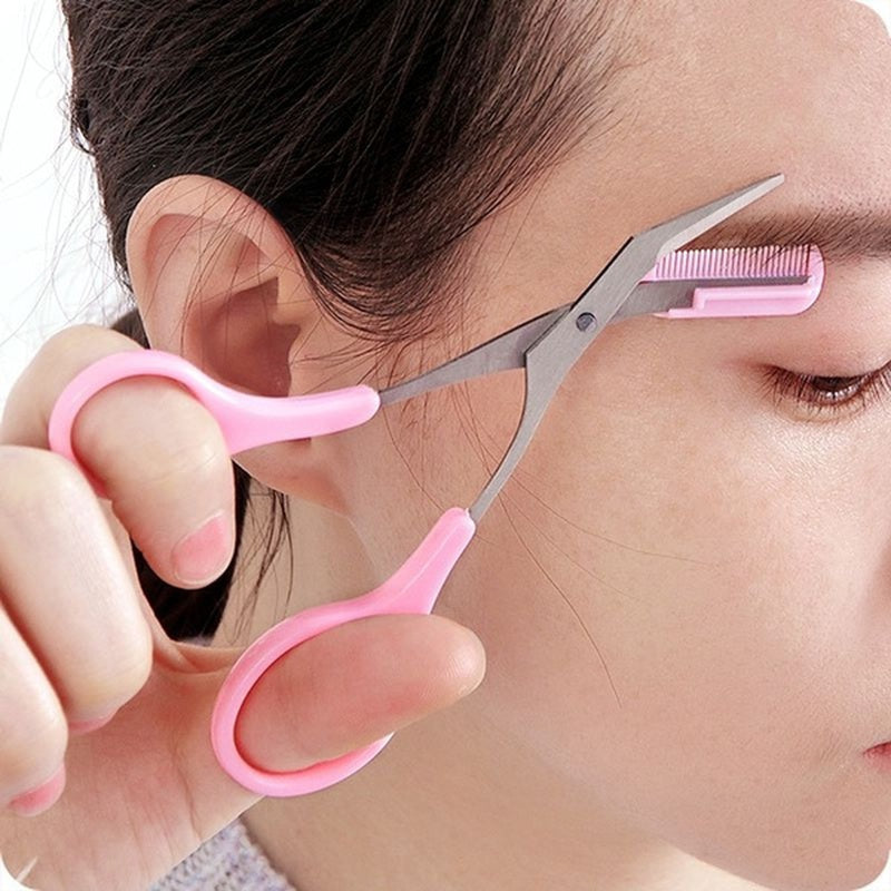 [Elegant Style] Stainless Steel Eyebrow Trimming Scissors with Pink Comb - Safe, Mini Makeup Grooming Tool for Perfectly Shaped Eyebrows, No Power Needed