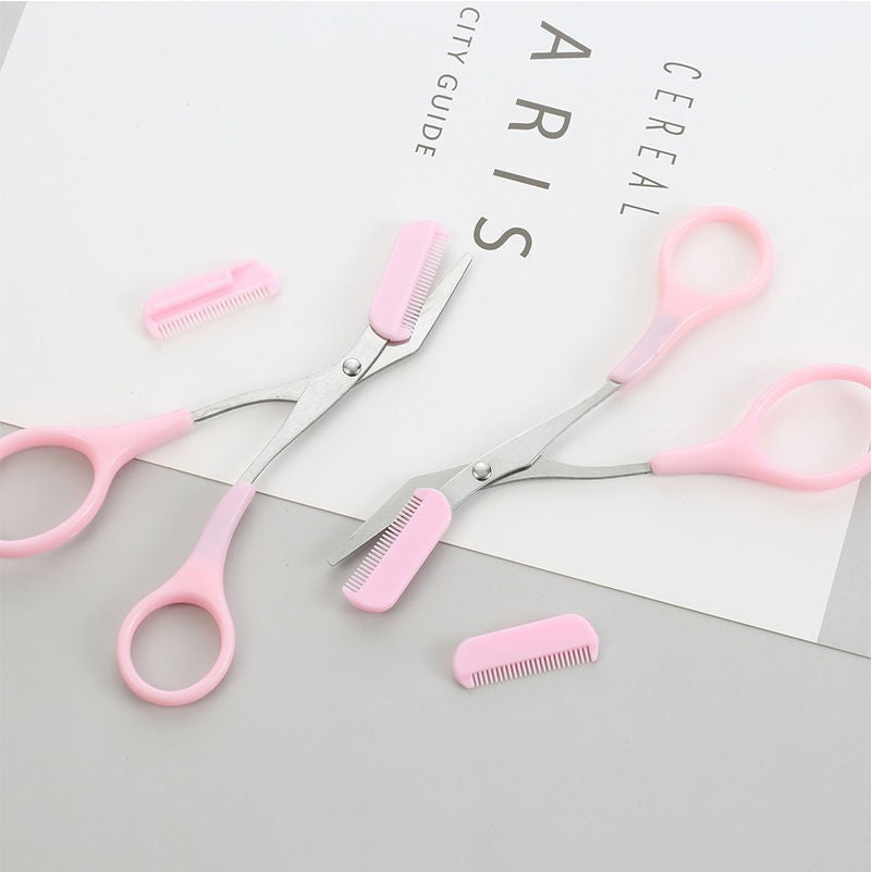 [Elegant Style] Stainless Steel Eyebrow Trimming Scissors with Pink Comb - Safe, Mini Makeup Grooming Tool for Perfectly Shaped Eyebrows, No Power Needed