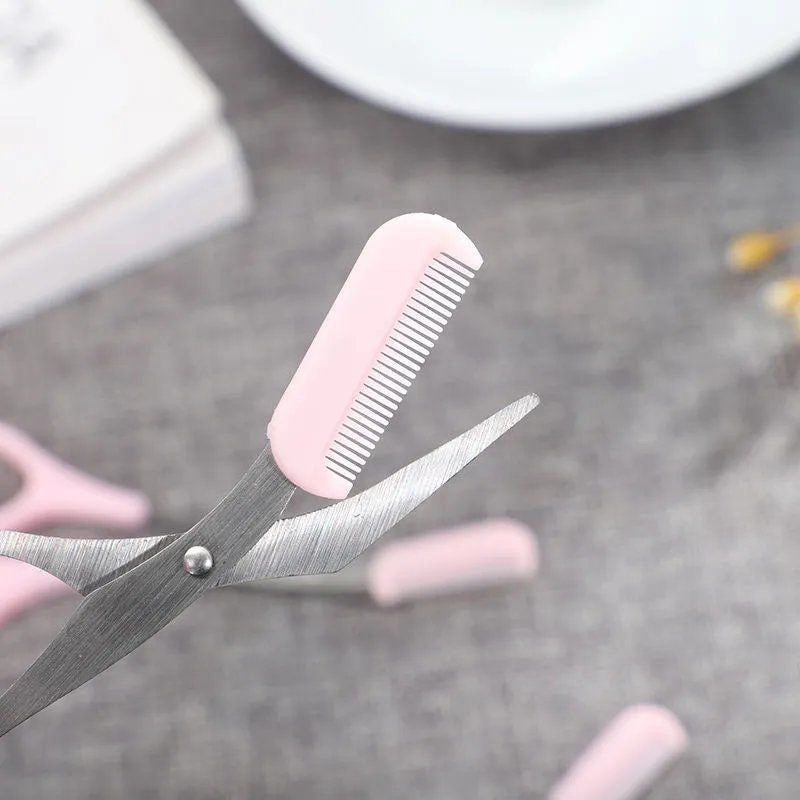 [Elegant Style] Stainless Steel Eyebrow Trimming Scissors with Pink Comb - Safe, Mini Makeup Grooming Tool for Perfectly Shaped Eyebrows, No Power Needed