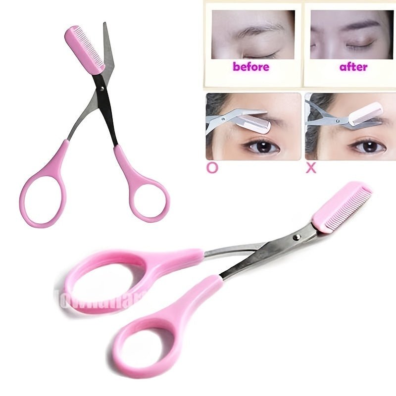 [Elegant Style] Stainless Steel Eyebrow Trimming Scissors with Pink Comb - Safe, Mini Makeup Grooming Tool for Perfectly Shaped Eyebrows, No Power Needed