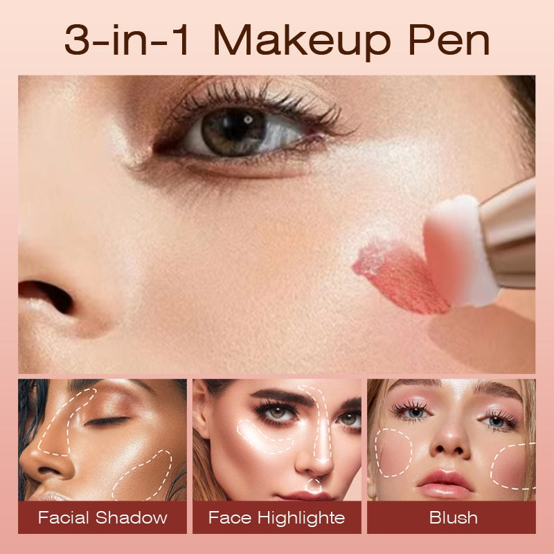 3-IN-1 Multi-Functional Makeup Pen - Contour, Highlight, Blush with Natural Moisturizing Creamy Soft Liquid Formula, Plant Squalane, Glitter Shimmer Powder for Cheeks - Easy to Use, Long-Lasting, Cruelty-Free, Vegan-Friendly