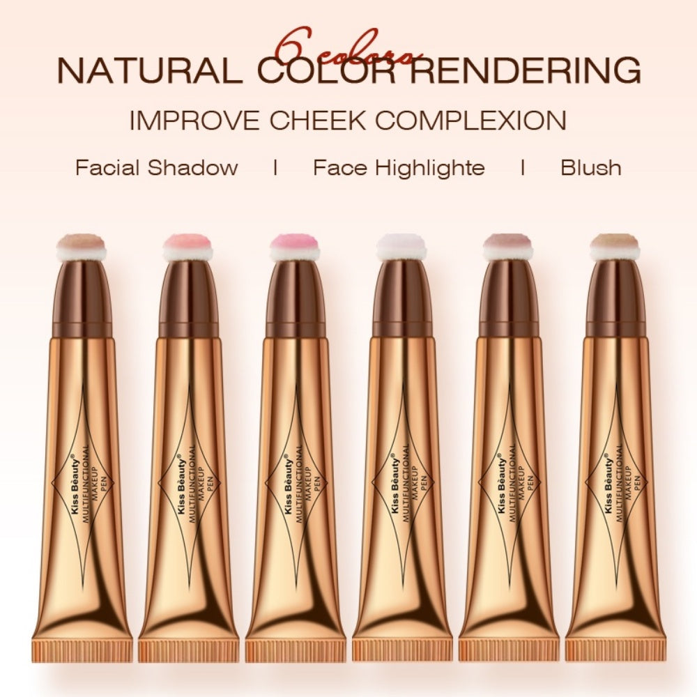 3-IN-1 Multi-Functional Makeup Pen - Contour, Highlight, Blush with Natural Moisturizing Creamy Soft Liquid Formula, Plant Squalane, Glitter Shimmer Powder for Cheeks - Easy to Use, Long-Lasting, Cruelty-Free, Vegan-Friendly