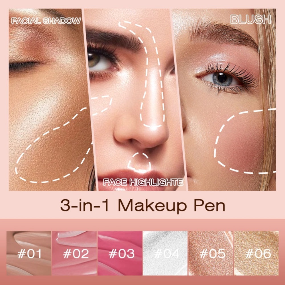 3-IN-1 Multi-Functional Makeup Pen - Contour, Highlight, Blush with Natural Moisturizing Creamy Soft Liquid Formula, Plant Squalane, Glitter Shimmer Powder for Cheeks - Easy to Use, Long-Lasting, Cruelty-Free, Vegan-Friendly