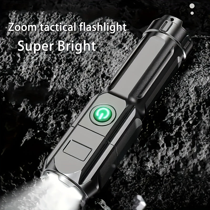 1pc Portable Super Bright Zoomable Flashlight, Rechargeable Long Shot ABS Strong Light Dimming Flashlight, Telescopic Zoom Torch For Outdoor ABS Material