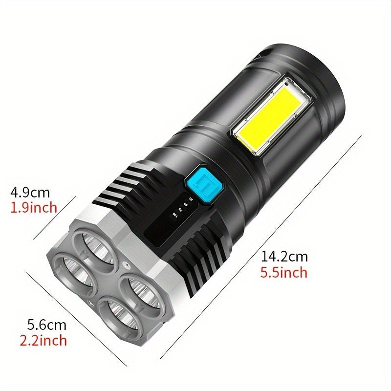 1pc LED Flashlight, Powerful 4 LED Flashlight With COB Side Light, 4 Modes USB Rechargeable LED Torch, Waterproof Built In Battery Flashlight, Camping Tool