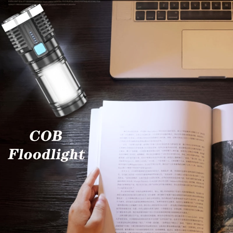 1pc LED Flashlight, Powerful 4 LED Flashlight With COB Side Light, 4 Modes USB Rechargeable LED Torch, Waterproof Built In Battery Flashlight, Camping Tool