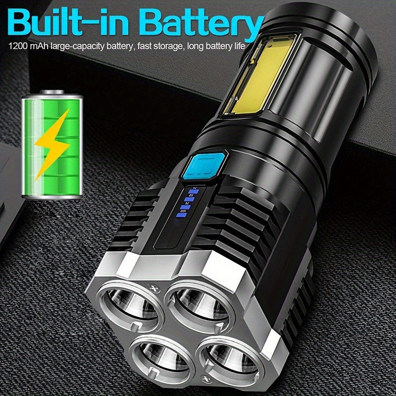 1pc LED Flashlight, Powerful 4 LED Flashlight With COB Side Light, 4 Modes USB Rechargeable LED Torch, Waterproof Built In Battery Flashlight, Camping Tool
