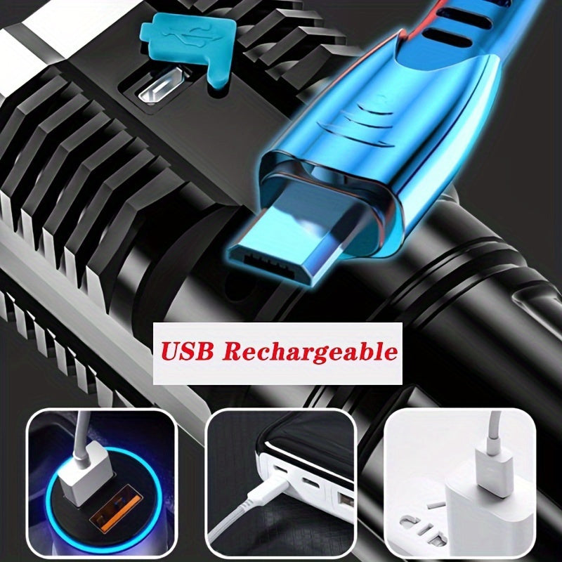 1pc LED Flashlight, Powerful 4 LED Flashlight With COB Side Light, 4 Modes USB Rechargeable LED Torch, Waterproof Built In Battery Flashlight, Camping Tool