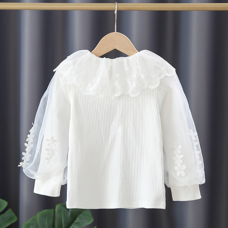 Girls Long Puff Sleeve Flower Lace Splicing Ruffles Round Neck Ribbed T-Shirts Tops Kids Clothes