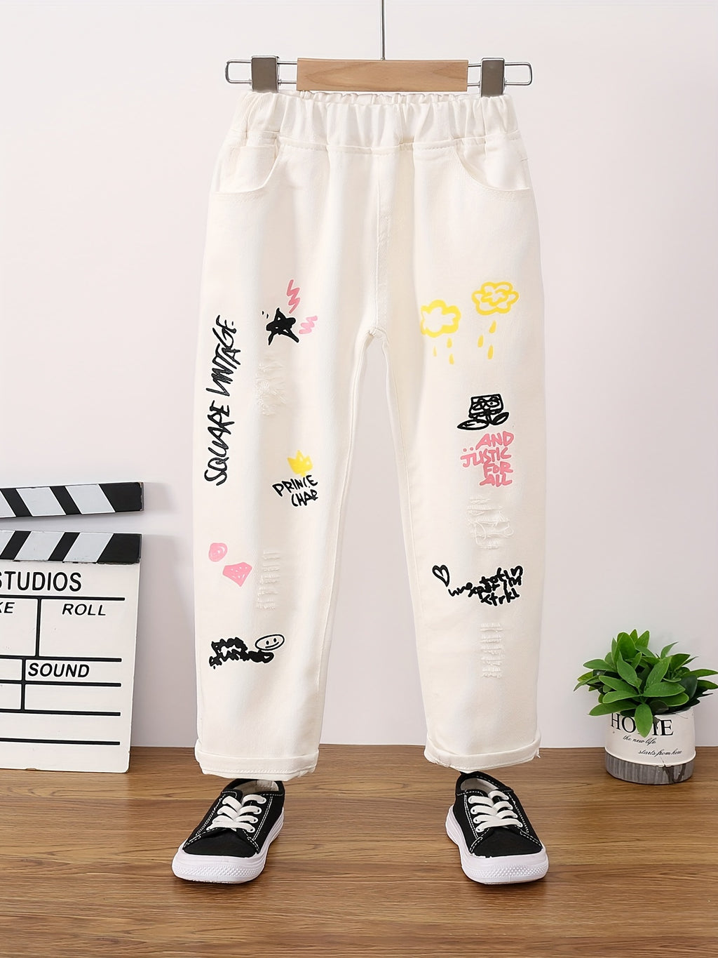 Girls Ripped Tapered Jeans, Cartoon Pattern Elastic Waistband Denim Jeans Kids Clothes