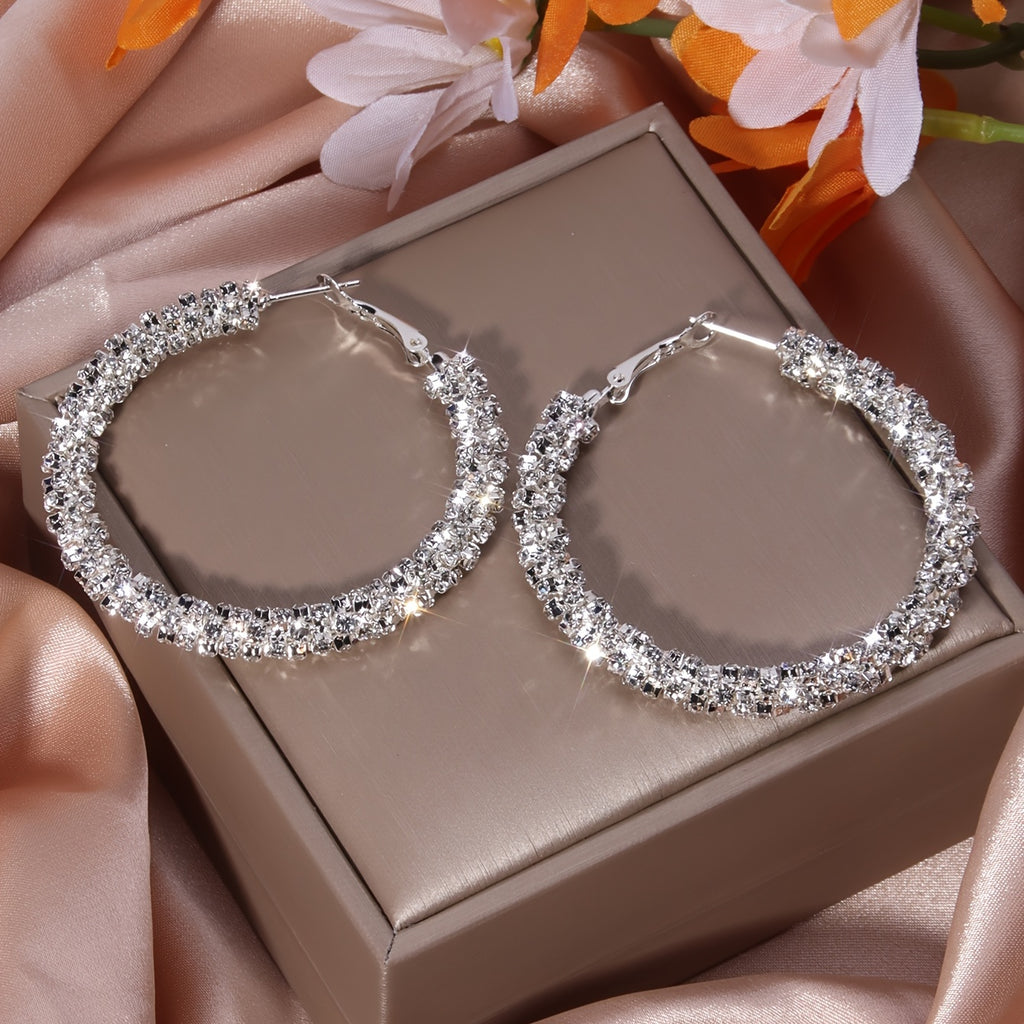Large Full Rhinestone Hoop Earrings Silver Plated Delicate Jewelry Party Holiday Gift For Women