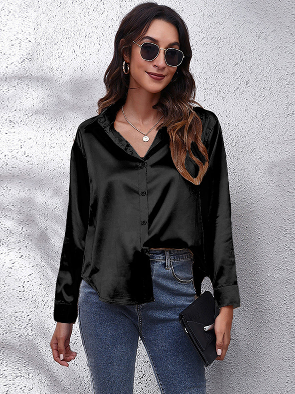 Solid Color Long Sleeve Button Down Tops, Business Casual Blouses For All Seasons, Women's Clothing