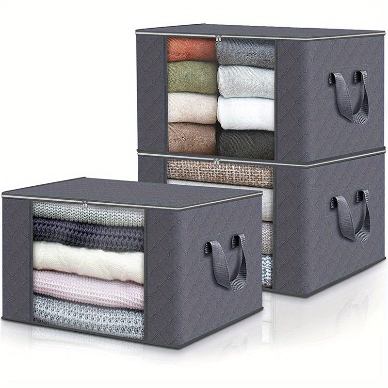 3-Pack Large Capacity Foldable Fabric Storage Bins - Ideal for Bedding, Clothes, Pillows, Quilts - Perfect for Home, Bedroom, Dorm, Spa Wardrobes - Grey Woven Material, No Electricity Needed