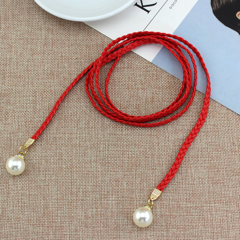 Braided Thin Belt Women's Decor Waist Rope Women's Sweet Dress Tie Waist Chain Skirt With Pearl Waist Accessories