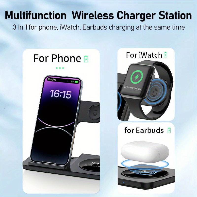 Foldable Fast Wireless Charging Station - Multi-Device Charger Stand For iWatch (Series 9 to 2), For Airpods Pro, and For iPhone (15 to 8)