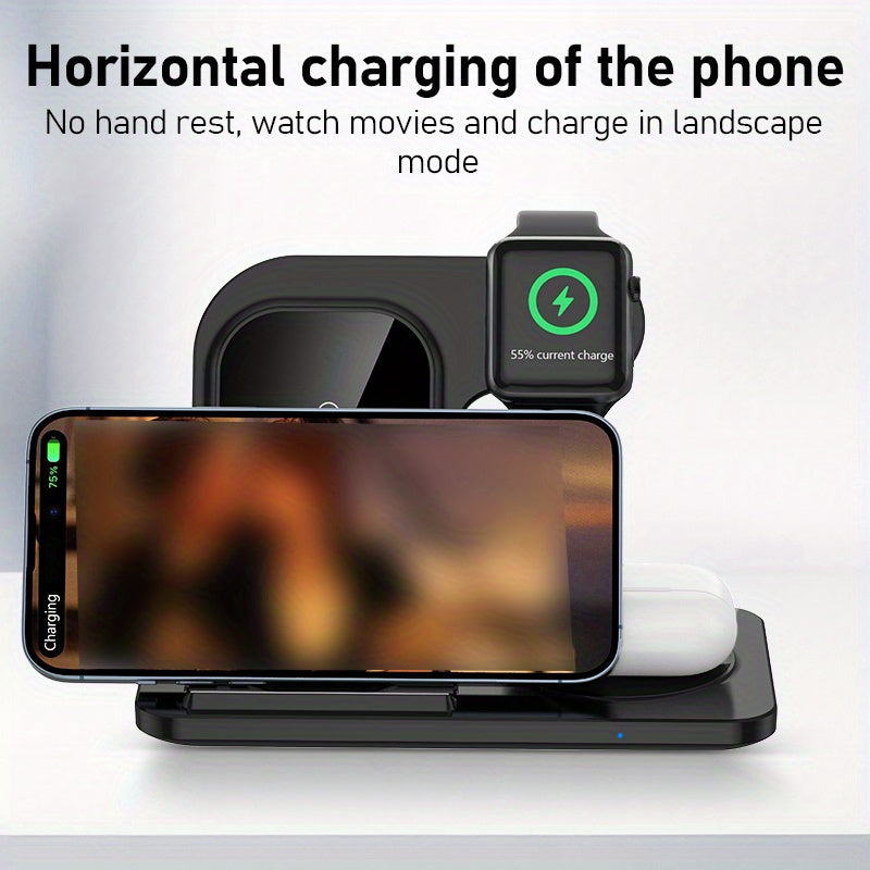 Foldable Fast Wireless Charging Station - Multi-Device Charger Stand For iWatch (Series 9 to 2), For Airpods Pro, and For iPhone (15 to 8)