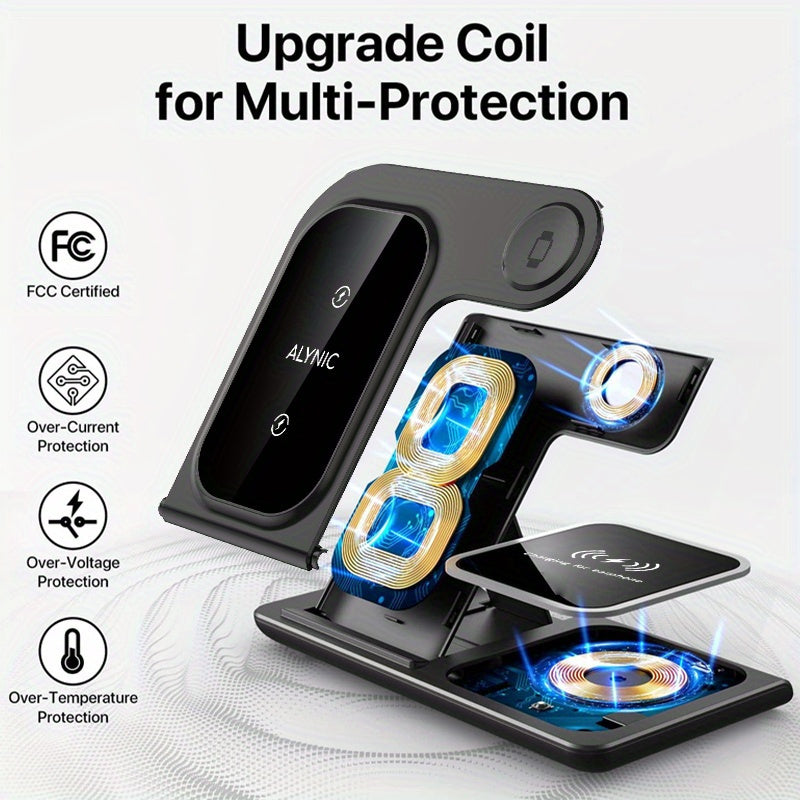 Foldable Fast Wireless Charging Station - Multi-Device Charger Stand For iWatch (Series 9 to 2), For Airpods Pro, and For iPhone (15 to 8)