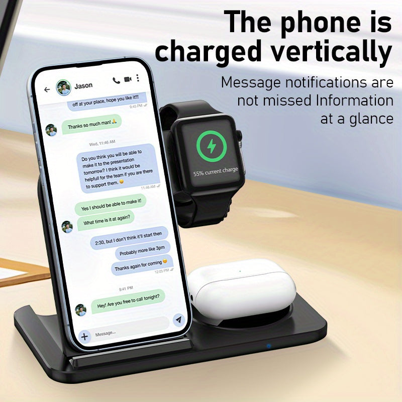 Foldable Fast Wireless Charging Station - Multi-Device Charger Stand For iWatch (Series 9 to 2), For Airpods Pro, and For iPhone (15 to 8)