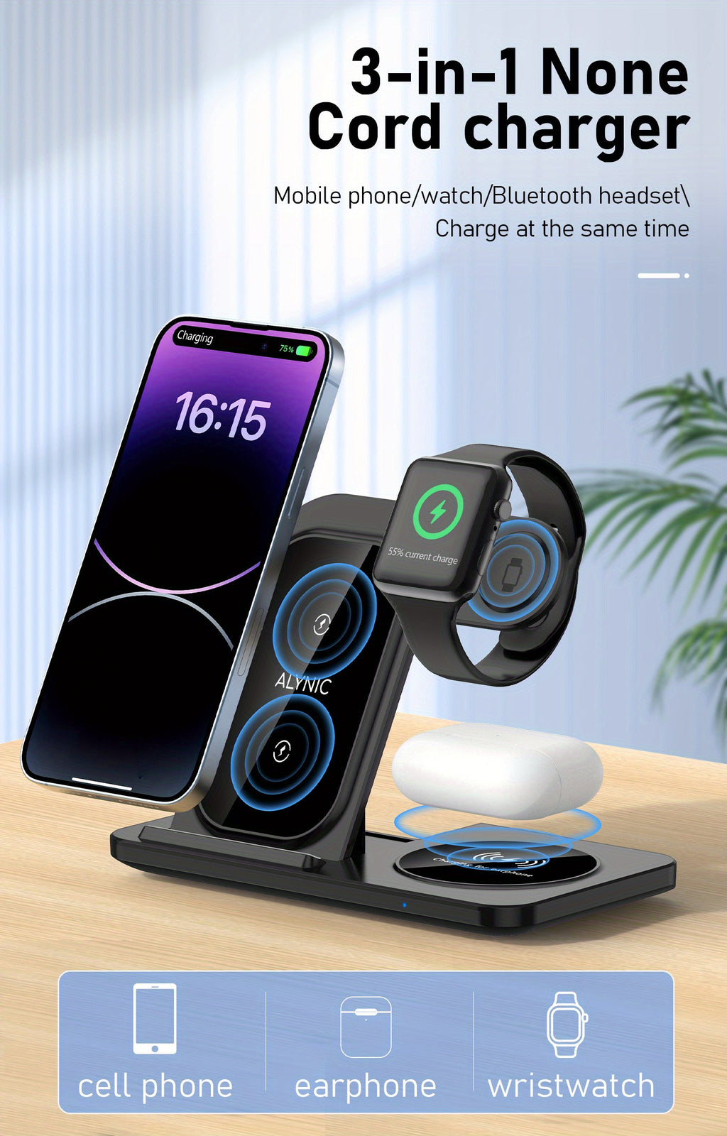 Foldable Fast Wireless Charging Station - Multi-Device Charger Stand For iWatch (Series 9 to 2), For Airpods Pro, and For iPhone (15 to 8)