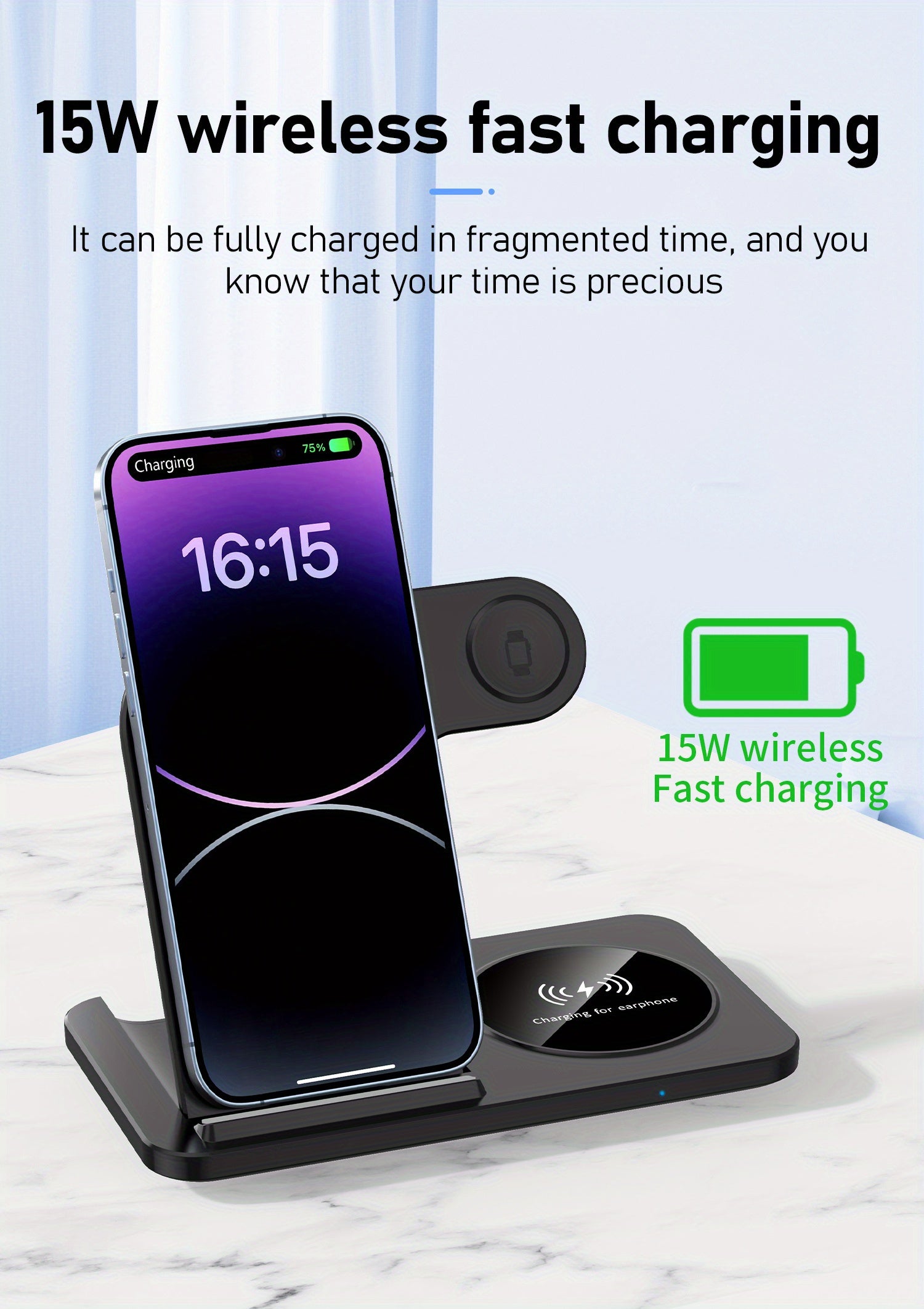 Foldable Fast Wireless Charging Station - Multi-Device Charger Stand For iWatch (Series 9 to 2), For Airpods Pro, and For iPhone (15 to 8)