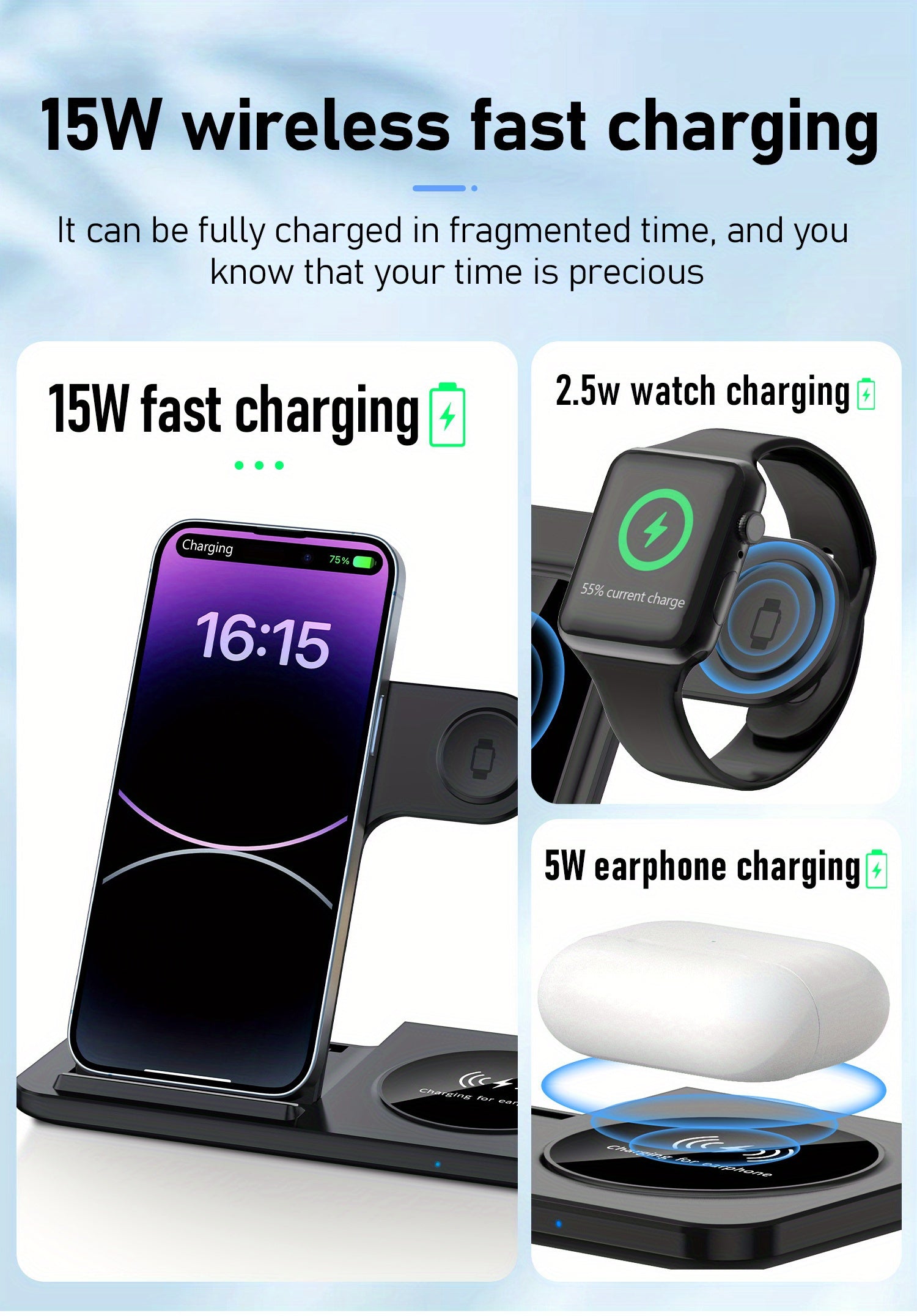 Foldable Fast Wireless Charging Station - Multi-Device Charger Stand For iWatch (Series 9 to 2), For Airpods Pro, and For iPhone (15 to 8)