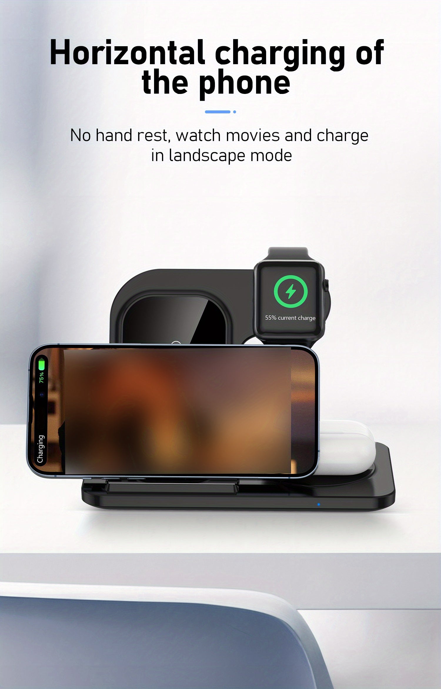 Foldable Fast Wireless Charging Station - Multi-Device Charger Stand For iWatch (Series 9 to 2), For Airpods Pro, and For iPhone (15 to 8)