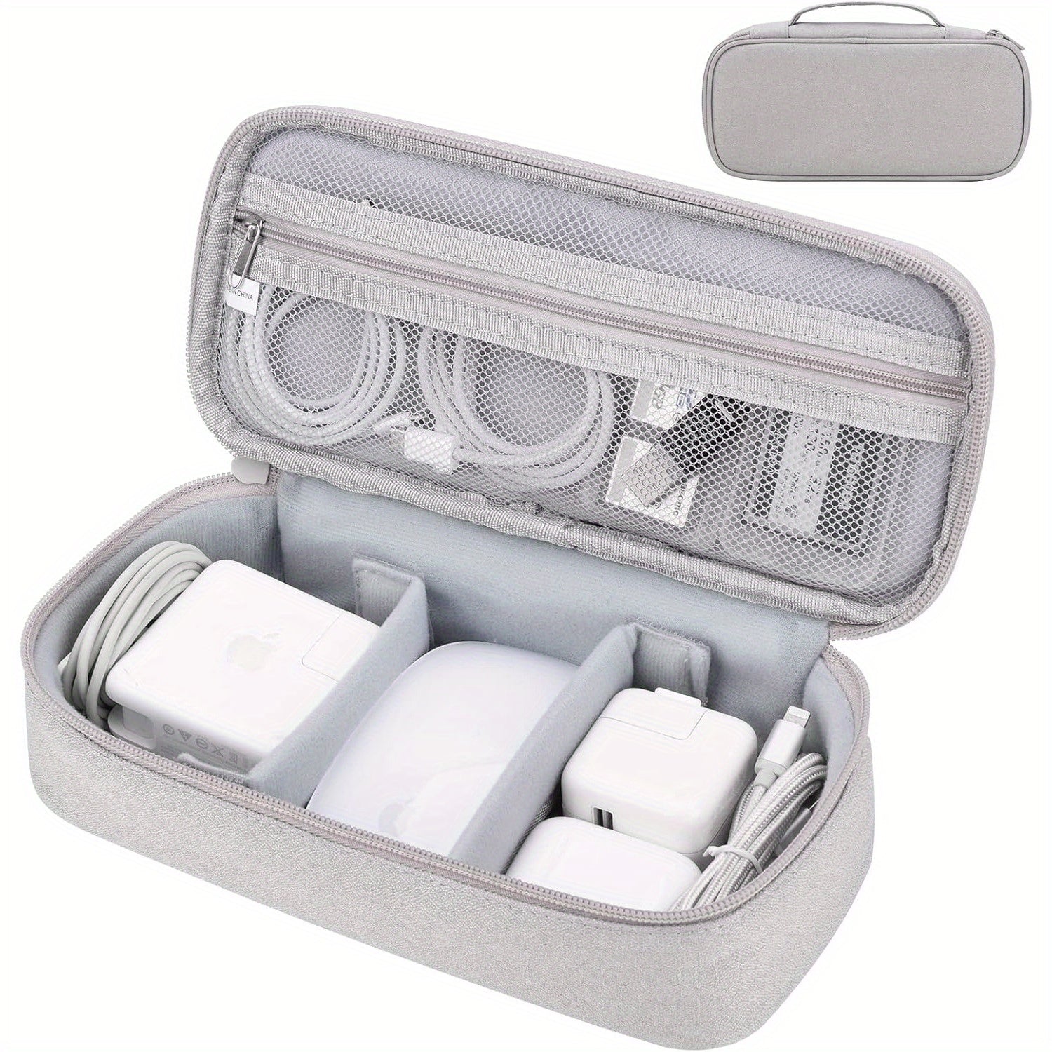 Electronics Travel Organizer Bag with Tech Compartment Labels (Laptop/Power Bank/Chargers) - Light Gray Portable -C/Lightning/-A Hub-like Case, Multi-Purpose Pouch for Cables, Hard Drives, External Drives - Ideal for Tech