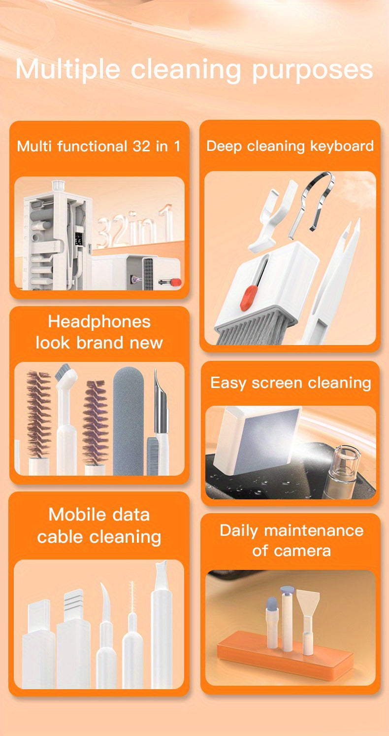 Multifunctional 32 in 1 Cleaner Kit for Electronic Devices, Keyboard Cleaning Brush, Headphones Cleaner Kit for Airpods, Multi-Tool for Cleaning Laptop, Keyboard, Earbuds, Camera, Cellphones
