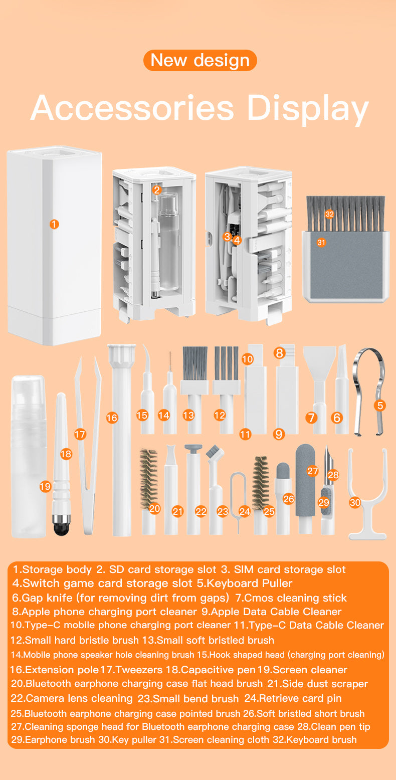 Multifunctional 32 in 1 Cleaner Kit for Electronic Devices, Keyboard Cleaning Brush, Headphones Cleaner Kit for Airpods, Multi-Tool for Cleaning Laptop, Keyboard, Earbuds, Camera, Cellphones