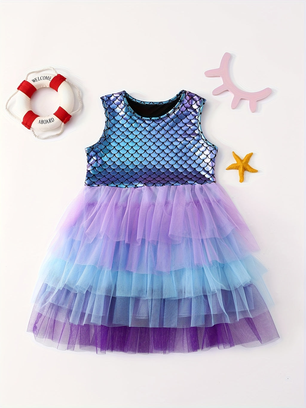 Mermaid Gradient Dress Girls' Casual Summer Short Sleeve Party Puff Skirt Versatile Dress