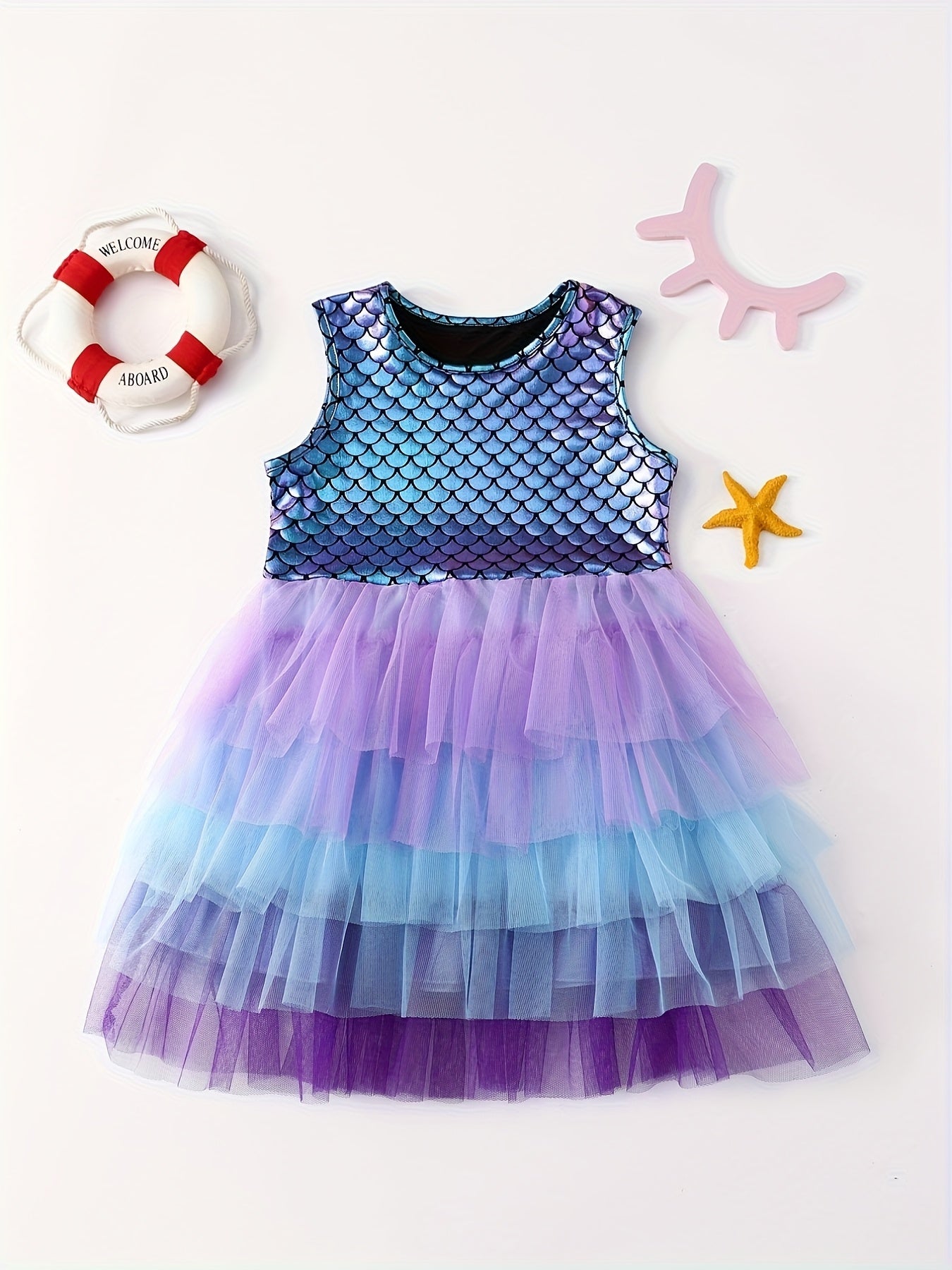 Mermaid Gradient Dress Girls' Casual Summer Short Sleeve Party Puff Skirt Versatile Dress