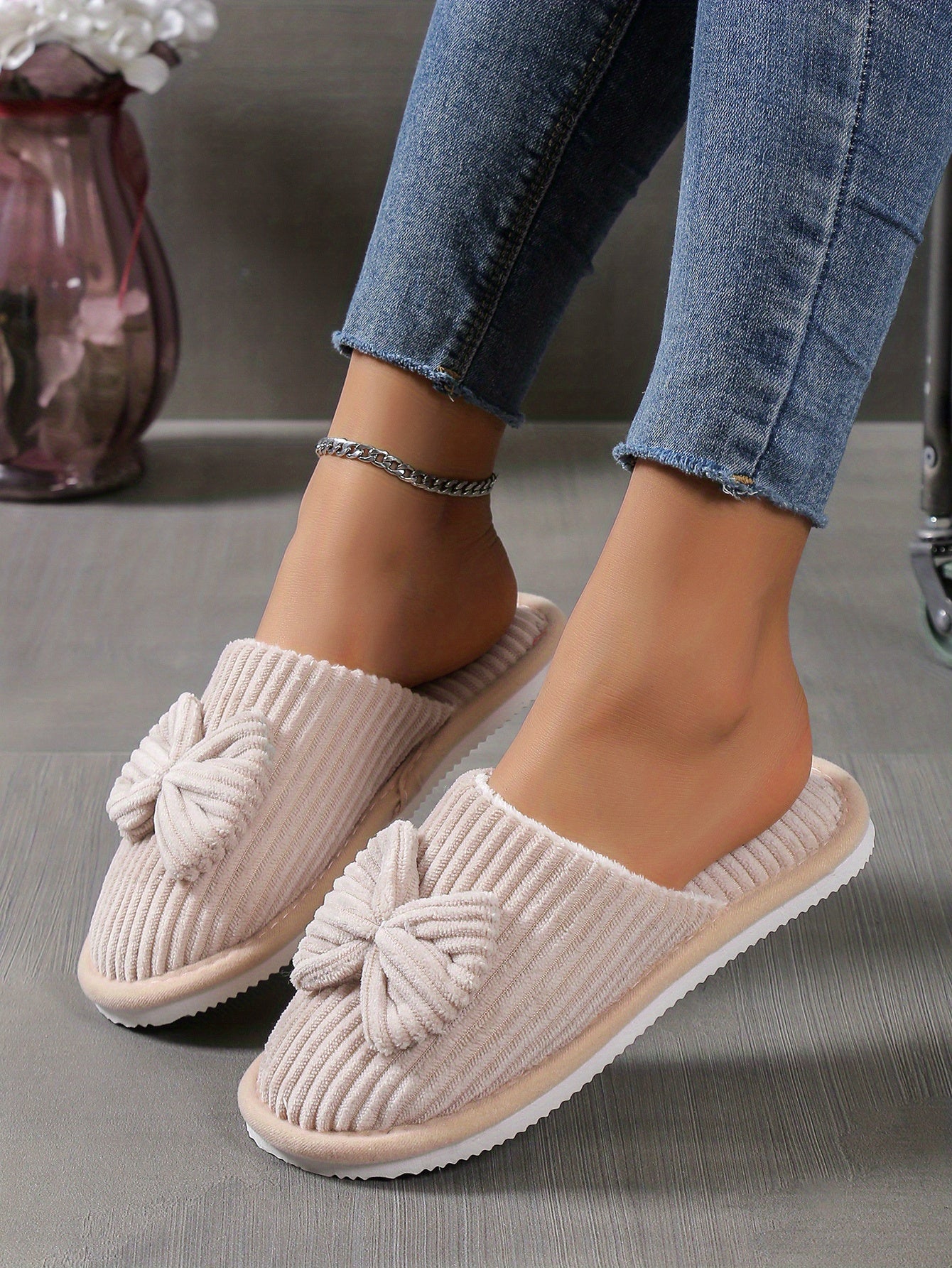 Cute Bowknot Soft Sole Fuzzy Slippers, Winter Cozy & Warm Slip On Plush Shoes, Comfy Closed Toe Home Slippers