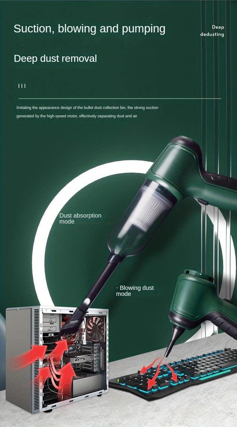 A Three In One Wireless Vacuum Cleaner With A High Power, Which Can Be Used For Suction, Air Extraction, And Blowing, Both In The Car And At Home. It Has An Extended Battery Life, Can Absorb Dust, Debris, Pet Hair, Air Extrac