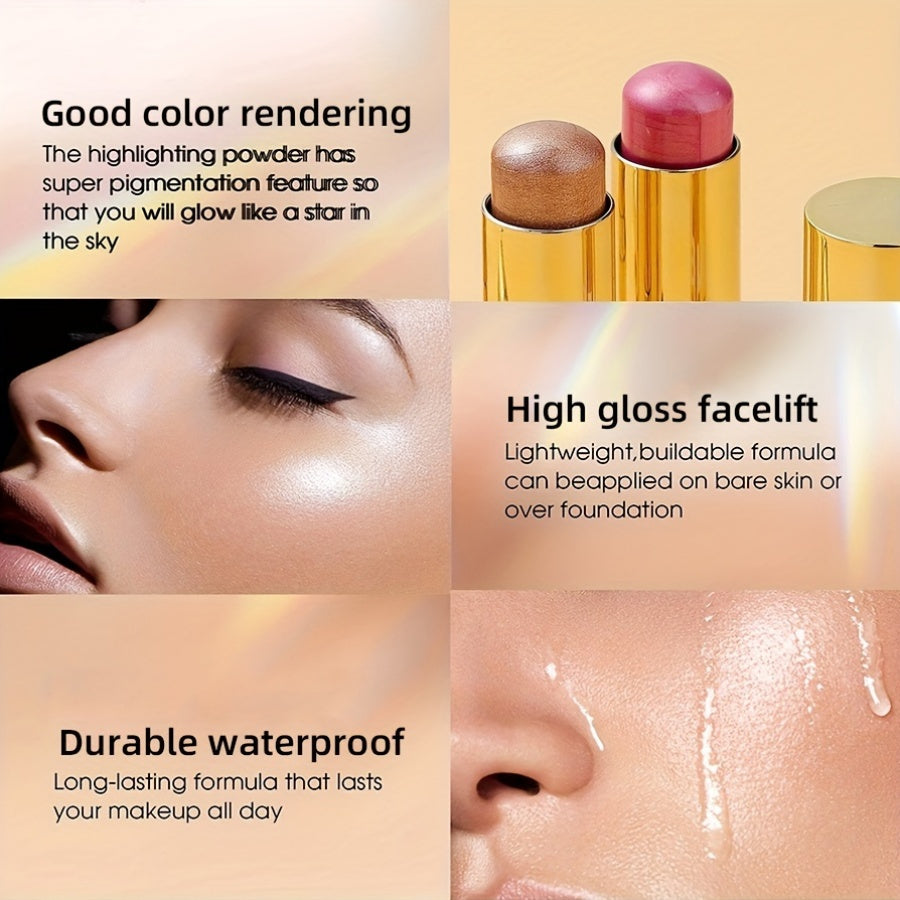 Multifunctional Highlighter Blush Stick - Brightening & Contouring Makeup Stick with Plant-Based Squalane, 3 Shades (Pink, Beige, Brown) for Cheeks, Lips, Eyes - Long-Lasting Shine, Easy Application, No Smudge, No Transfer, B